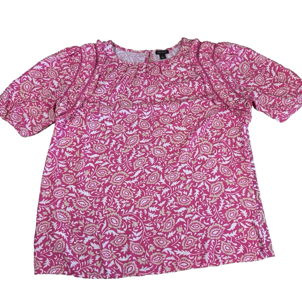 Ann Taylor Pink Floral Print Puff Ruffle Sleeve Womens Small Top Blouse Shirt